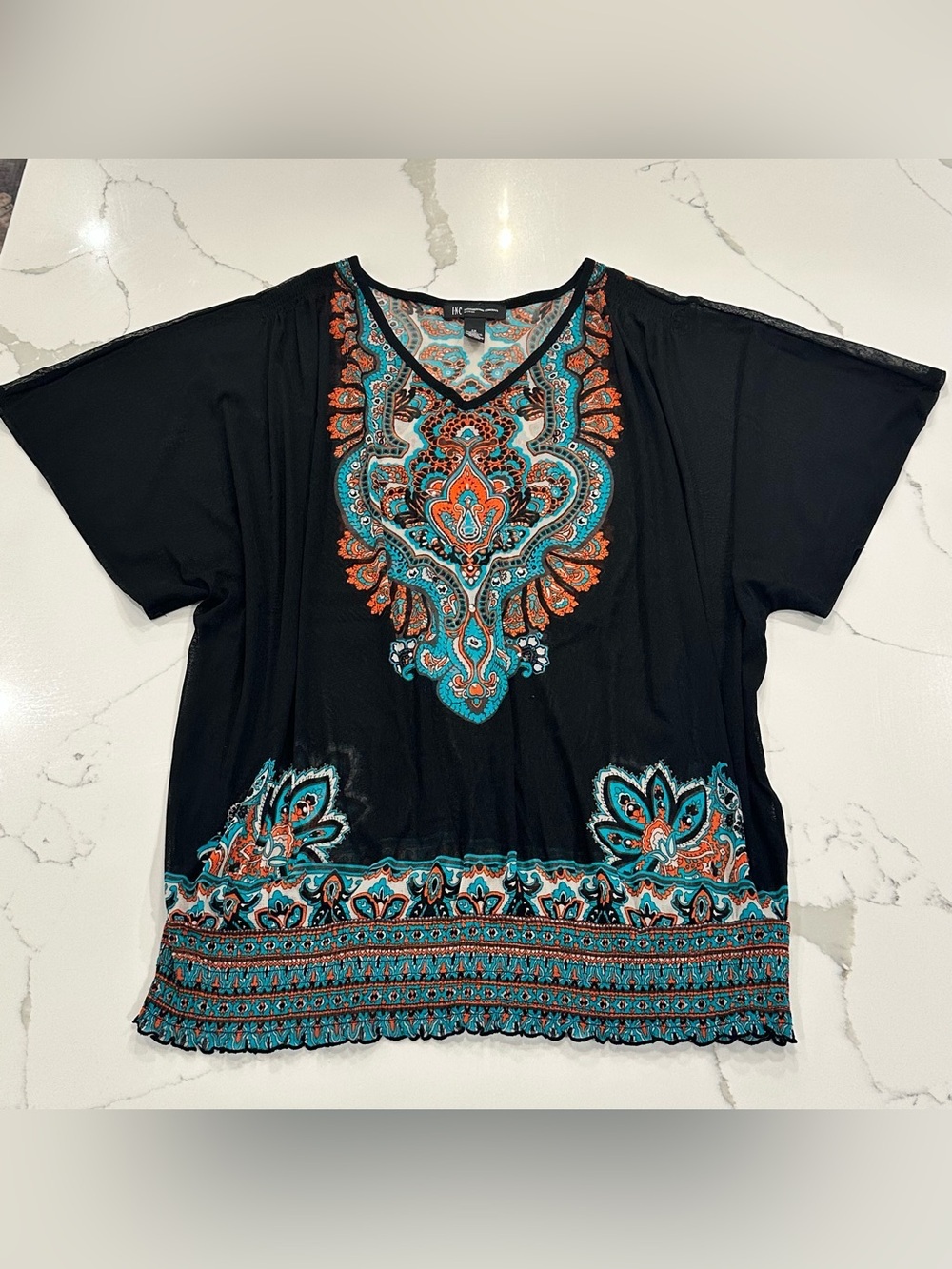 INC International Concepts Black Tunic Top with Turquoise & Orange Embroidery